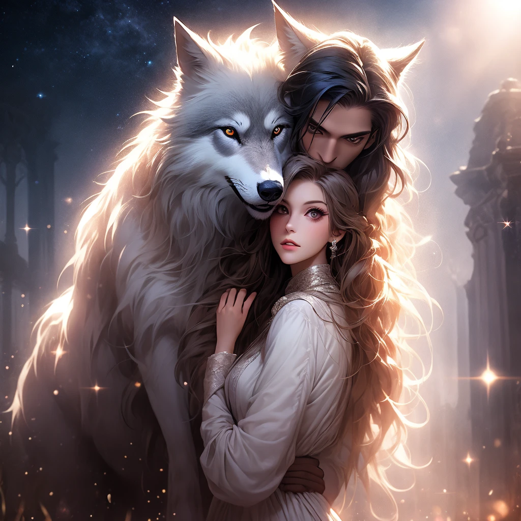 Find your soul mate、Getting lost and arriving、From the darkness comes light、Big silver wolf、Get close、Sparkle Effect, Lens Flare, Particles of light、aura、Woman hugging a wolf、love,Night Sky、Moon Background、Black Hair、Medium Hair, Gentle Wolf、