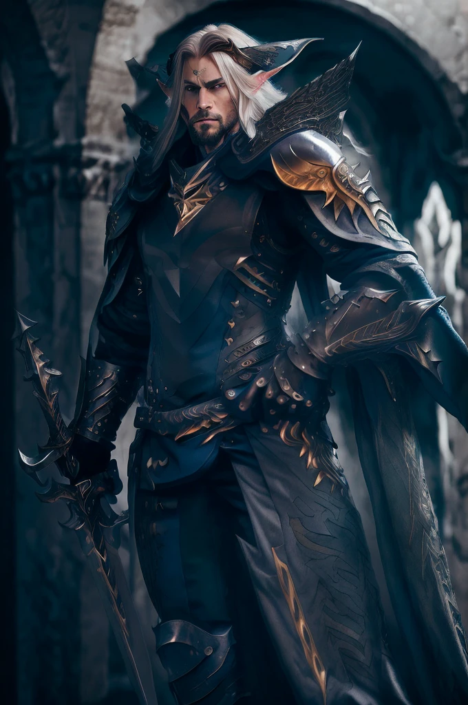 a male elf with white long hair, ((beautiful face)), ((pointed ears)), ((sharp eyes)), wearing dark blue complex shape armor with gold line, carrying a large spear with a complex shape, (best quality,4k,8k,highres,masterpiece:1.2),ultra-detailed,(realistic,photorealistic,photo-realistic:1.37),intricate details,highly detailed face, dramatic lighting, cinematic composition, fantasy, dark fantasy, dramatic pose, epic, heroic