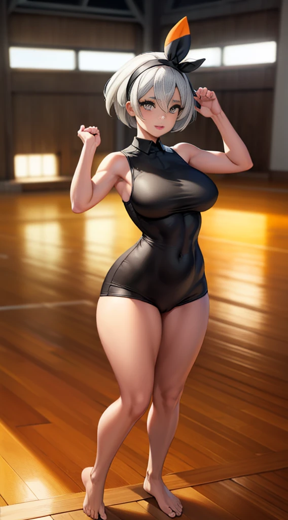 ((Bea pokemon)), (masterpiece:1.2, best quality), realistic, (real picture, intricate details, depth of field), ((1girl:1.2)), parted lips, highly-detailed, gorgeous perfect face, (skindentation), tanned skin, thick thighs, (wide hips), average waist, ((short white hairs)), headband, beautiful grey eyes, looking at viewer, confident smile, toned body, inside school gym, (((skintight black sleeveless shirt))), bare arms, gigantic breasts, ((full body)), ((bare legs)), bare feet, bare thighs, ((sideboob:1.1)), dim lighting, ring swinging