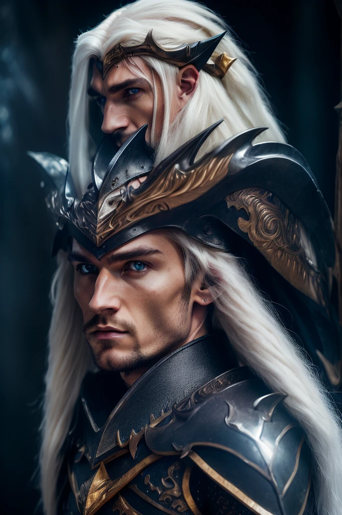 a male elf ((with white long hair)), (((beautiful face))), ((pointed ears)), ((sharp eyes)), wearing dark blue complex shape armor with gold line, carrying a large spear with a complex shape, (best quality,4k,8k,highres,masterpiece:1.2),ultra-detailed,(realistic,photorealistic,photo-realistic:1.37),intricate details,highly detailed face, dramatic lighting, cinematic composition, fantasy, dark fantasy, dramatic pose, epic, heroic