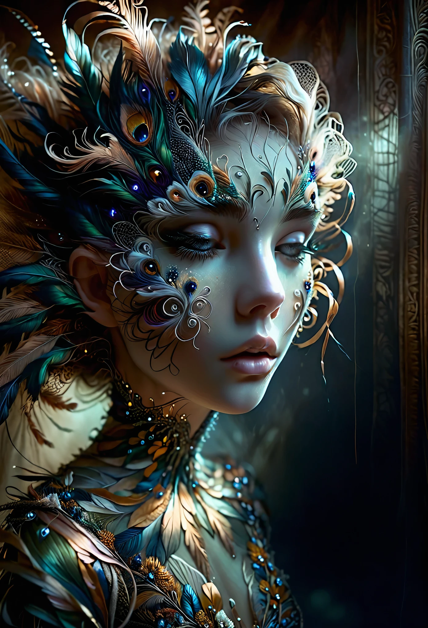 a sad marionette, 1girl, porcelain skin, melancholic expression, glowing eyes, long eyelashes, delicate features, intricate clothing, detailed folds and textures, dramatic lighting, moody atmosphere, muted colors, somber palette, chiaroscuro lighting, painterly quality, digital painting, cinematic composition, ethereal and haunting