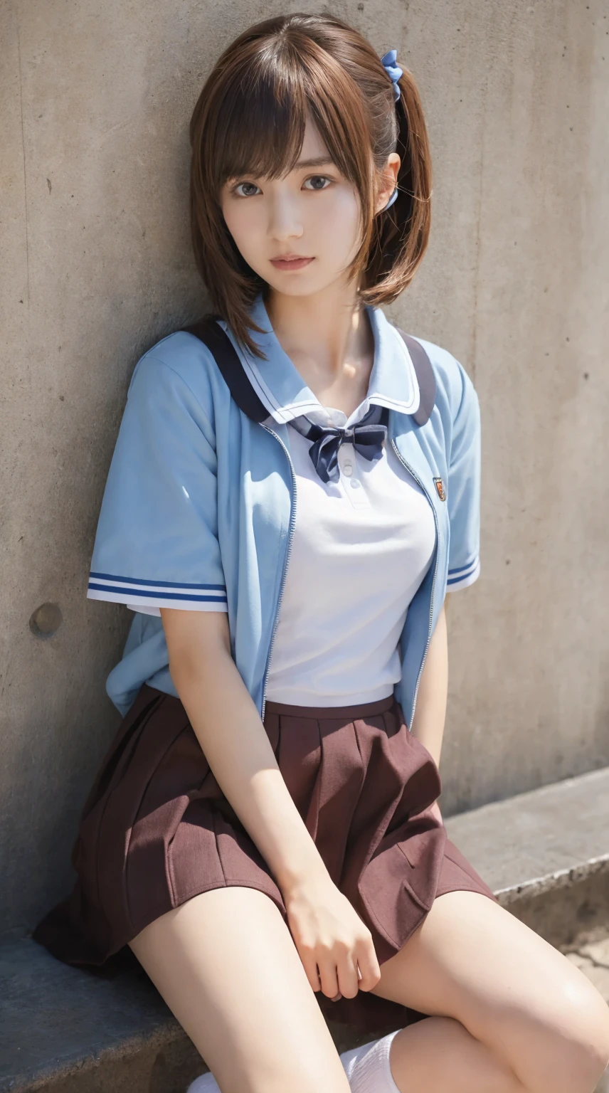 (masterpiece, Best Quality, Best Quality, Official Art, beautifully、aesthetic:1.2), (Realistic,RAW Photos, Best Quality),(One girl), ,(Cute,Adorable),(Misaka Mikoto Cosplay:1.2)、Clear images、Best Quality、8k、Brown Hair、Asymmetrical very short ducktail hairstyle、hairpin、Tokiwadai Junior High School short sleeve uniform、School、Arms crossed、mini skirt,jacket, Loose socks、Sit together&#39;knees,(Sitting with legs crossed:1.5),,常盤台中Schoolの制服,Squat,