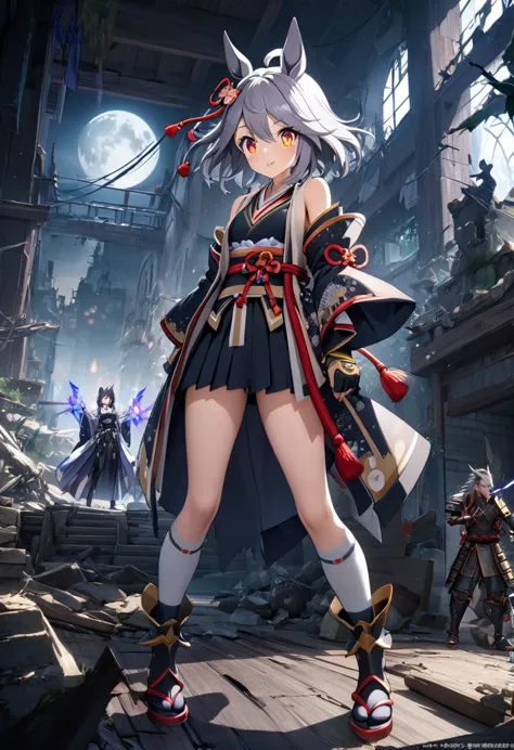 girl, , samurai armor, samurai pearl, knife、purple lightning flashes in the background、gray hair、dilapidated ruins,(((masterpiec...