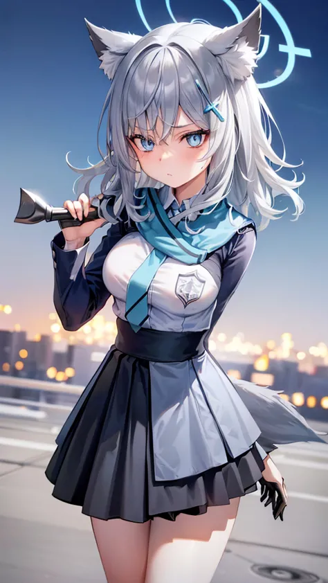 shiroko \(blue archive\), shiroko, animal ears, blue eyes, grey hair, hair ornament, hairpin, medium hair, wolf ears,holding wea...