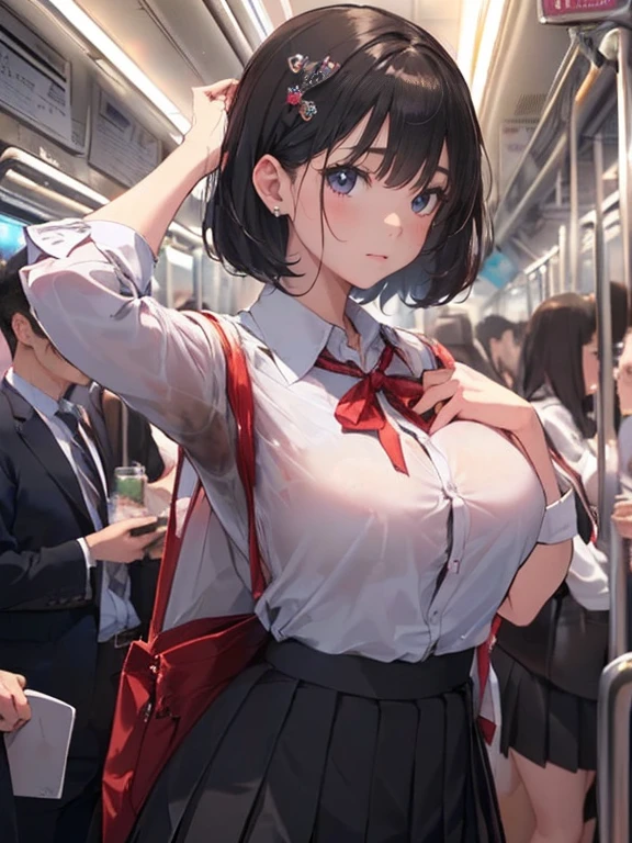 NSFW、(masterpiece,high quality,Realistic,Ultra-high resolution:1.3),(Depth of the Boundary:1.3) ,((High school girl、School uniform、White shirt、Black pleated skirt、Skirt flipped up)),Black short hair、Hair Accessories、(((Detailed vagina、pubic hair、A lot of love juice)))、whole body、Big Breasts、((Crowded train、Surrounded by office workers))