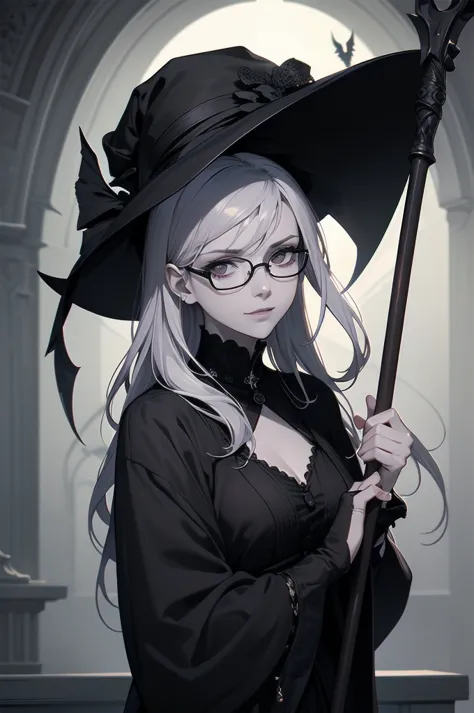 beautiful girl、cute、baby face、smile、glasses、long skirt、black pumps、magic wand、magic broom、witch、beautiful girl、(best quality,4k,...