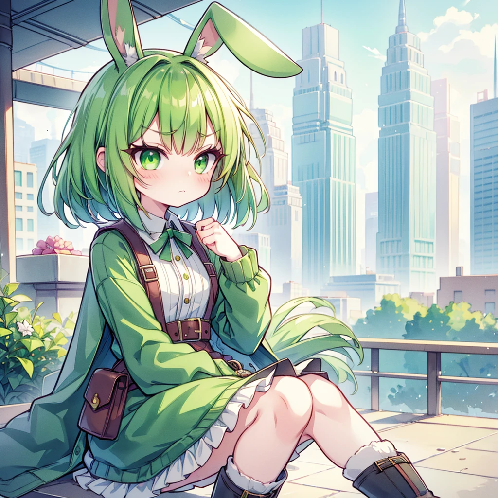 (long Green rabbit ears), green animal ears, (1 girl), green hair, green eyes, bob cut, thin eyebrows, frowning, flushed, sad, grumpy, shy, young, alone, Lolita, childhood, child, short, overall, coat, long boots, red hood, wide pants, harness, fingerless globe, belt, waist pouch, in the city, tiny, baby face, pastel academia, cel anime, Solo, crouching