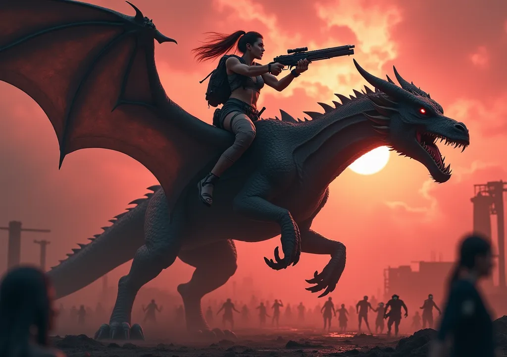 A woman flying on a dragon with a gun  killing zombies in a dark and redish environment  