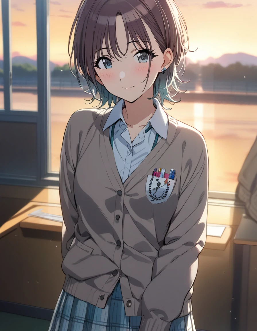 (masterpiece),(Highest quality),(Very detailed),(Best illustrations),(Best Shadow),(Absurd),(Detailed Background),(so beautiful), 
Official Style,

 asakura_toru,

the idolmaster shiny colors,
chest,
blush,

school uniform, Cardigan,

alone,
Japan,
classroom,
evening,
Sunset,
Background Blur, 
focus on face,
cowboy shot,