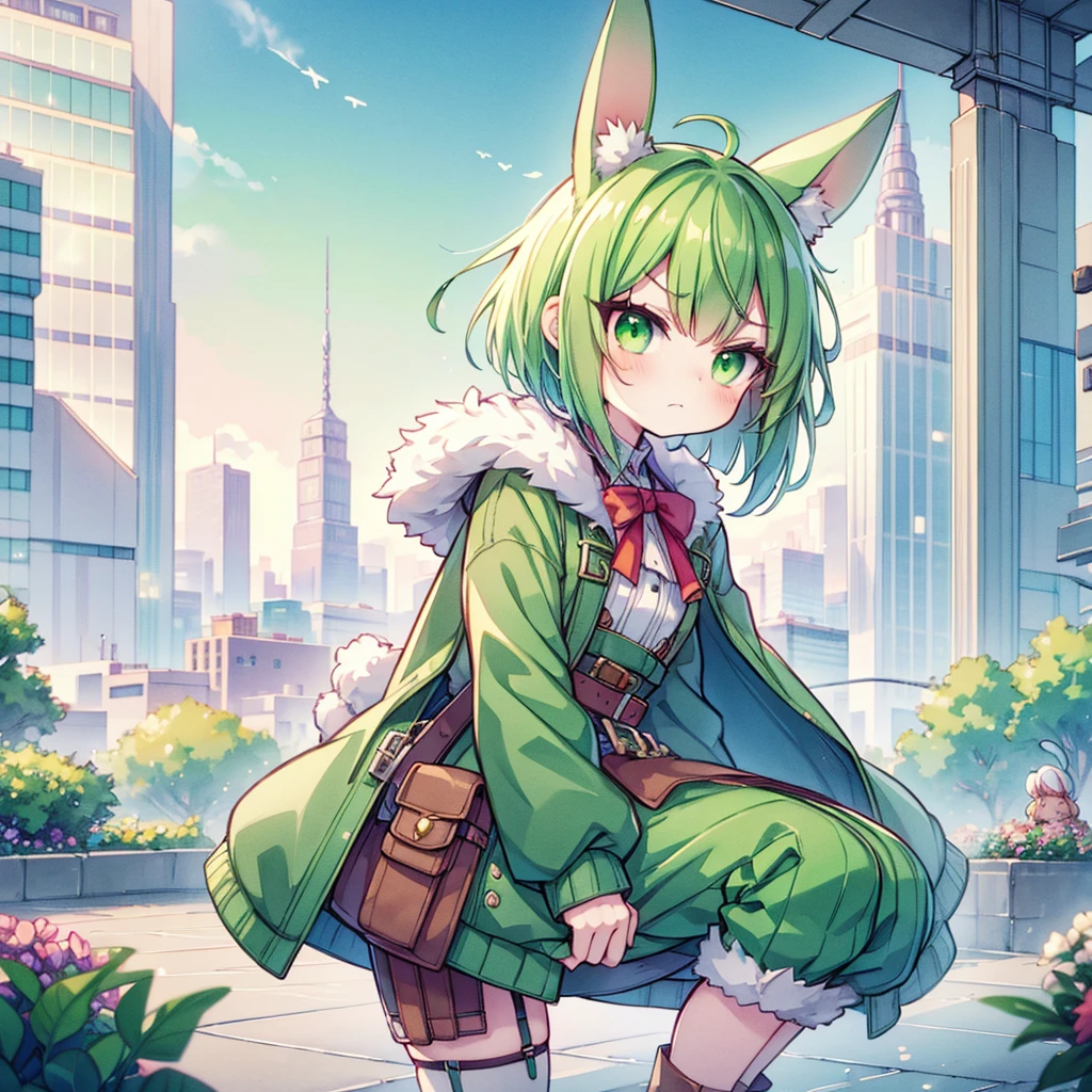 (long Green rabbit ears), green animal ears, (1 girl), green hair, green eyes, bob cut, thin eyebrows, frowning, flushed, sad, grumpy, shy, young, alone, Lolita, childhood, child, short, overall, coat, long boots, red hood, wide pants, harness, fingerless globe, belt, waist pouch, in the city, tiny, baby face, pastel academia, cel anime, Solo, crouching