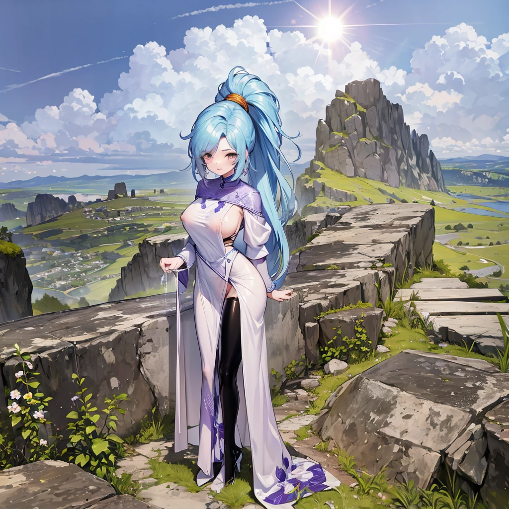 landscape, bluesky, sunlight, {Chrono Trigger Schala}, BREAK, (solo), (1 skinny girl standing:1.2), flying higher than crowds, looking for viewer, arms behind back, blue long hair, large breasts, narrow waist, skinny legs, BREAK, (tight-fit very long purple robe with single slit), robe with closing chest, black thighhigh, BREAK, nsfw, orgasm, coverd erectile nipple, breast milk lactateing from covered nipple, pussy juice