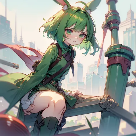 (long green rabbit ears), green animal ears, (1 girl), green hair, green eyes, bob cut, thin eyebrows, frowning, flushed, sad, g...