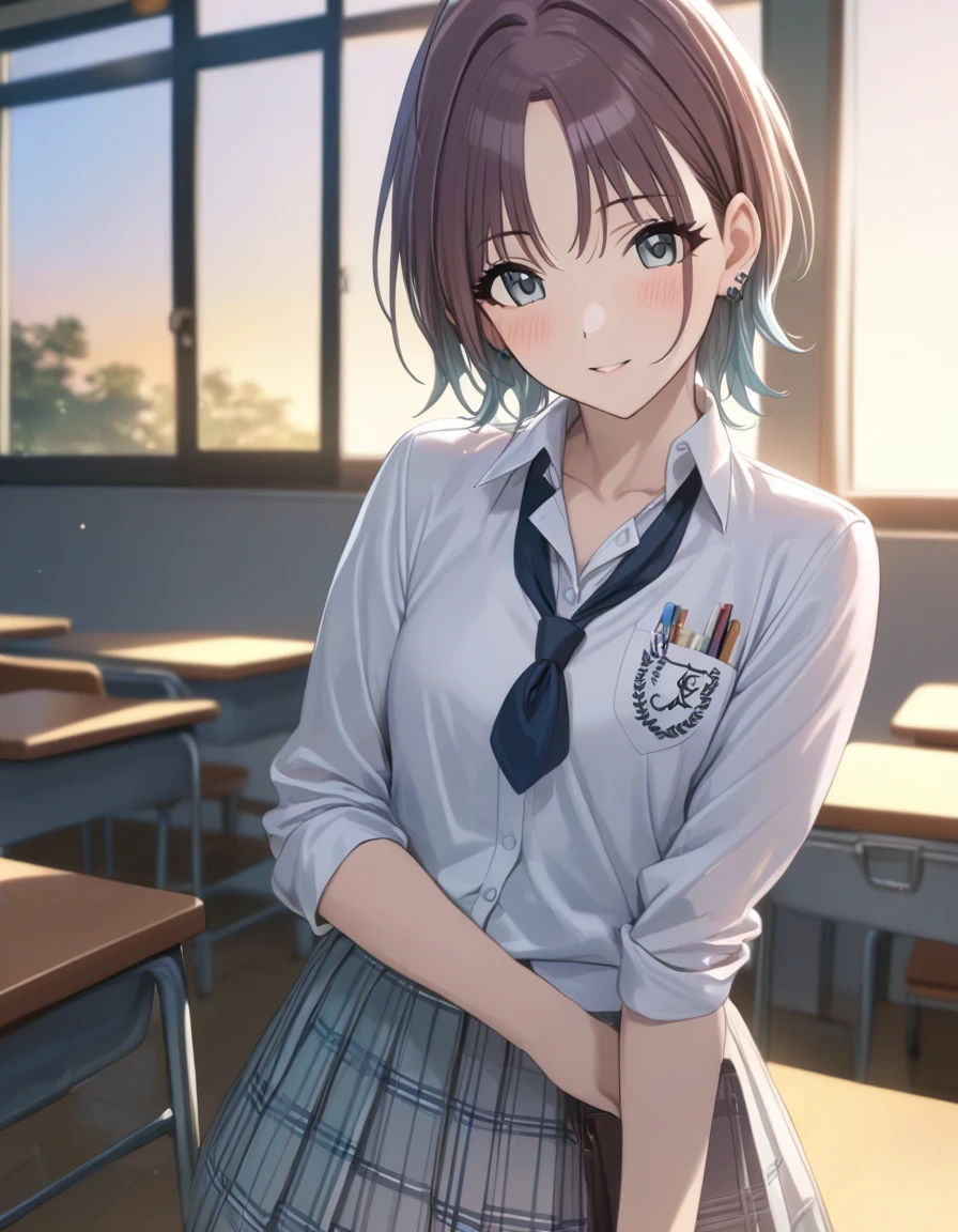 (masterpiece),(Highest quality),(Very detailed),(Best illustrations),(Best Shadow),(Absurd),(Detailed Background),(so beautiful), 
Official Style,

 asakura_toru,

the idolmaster shiny colors,
chest,
blush,

school uniform, Cardigan,

alone,
Japan,
classroom,
evening,
Sunset,
Background Blur, 
focus on face,
cowboy shot,
realistic skin,