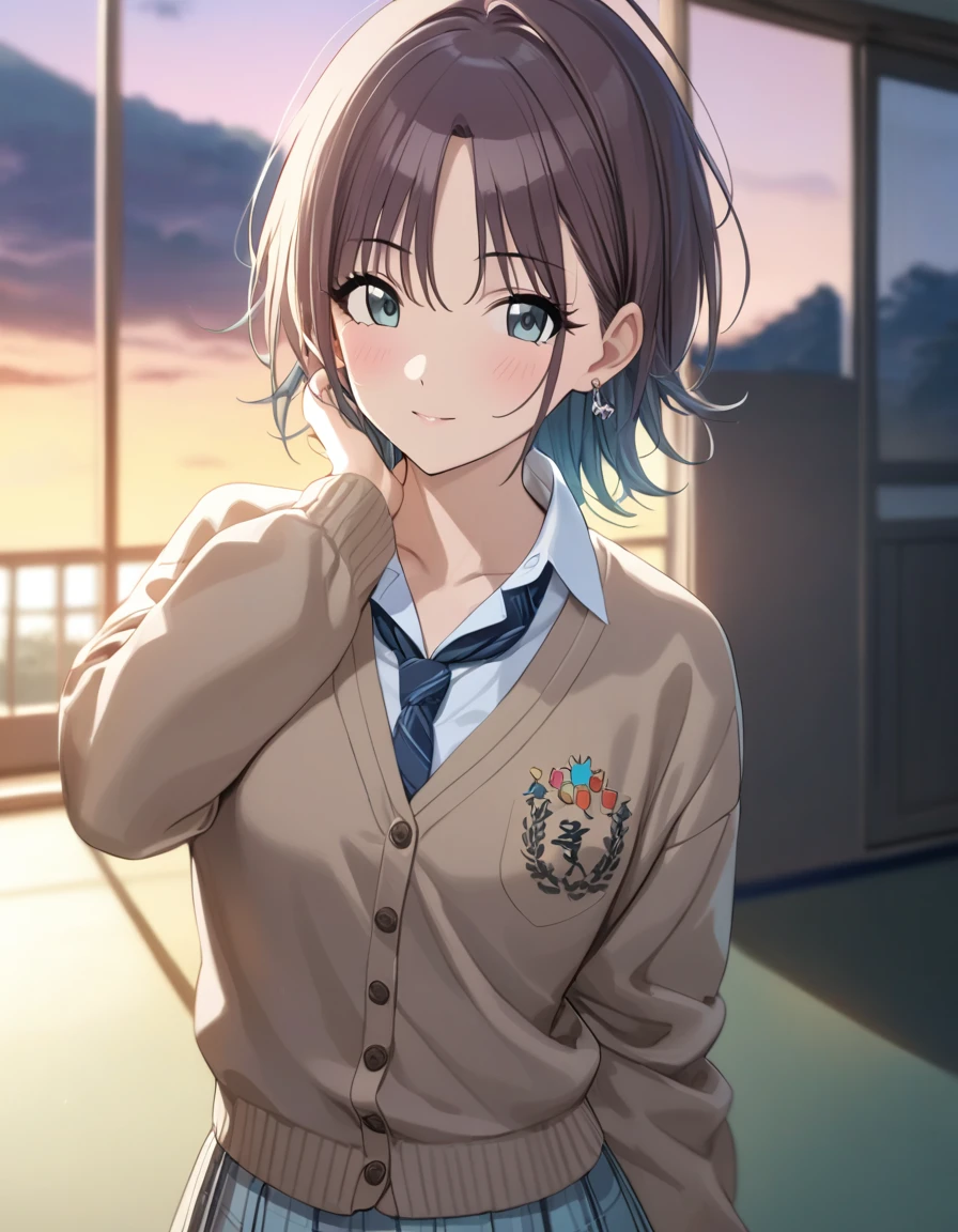 (masterpiece),(Highest quality),(Very detailed),(Best illustrations),(Best Shadow),(Absurd),(Detailed Background),(so beautiful), 
Official Style,

 asakura_toru,

the idolmaster shiny colors,
chest,
blush,

school uniform, Cardigan,

alone,
Japan,
classroom,
evening,
Sunset,
Background Blur, 
focus on face,
cowboy shot,
realistic skin,