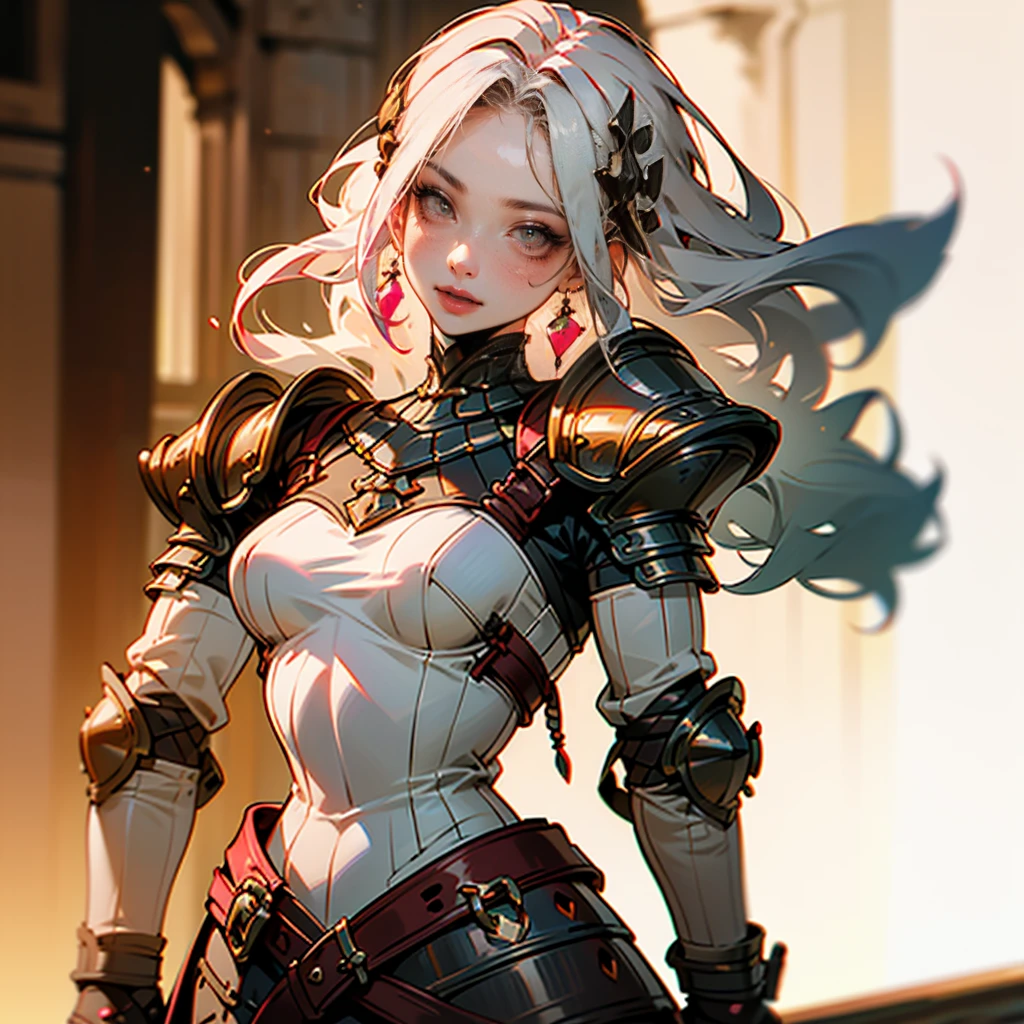 ((1girl, solo, alone, Ninym, white hair, red eyes, hair ornament, small breasts, long hair, fitness)), ((solo, (1woman, pink lipstick), Extremely detailed, ambient soft lighting, 4k, perfect eyes, a perfect face, perfect lighting, a 1girl)), (( gladiator armor, medieval armor, fantasy armor )) Fantasy rpg inspiration, full body, Reference Sheet, Character Sheet Full-Length, Character Chart, F/4.0, Depth Of Field, 