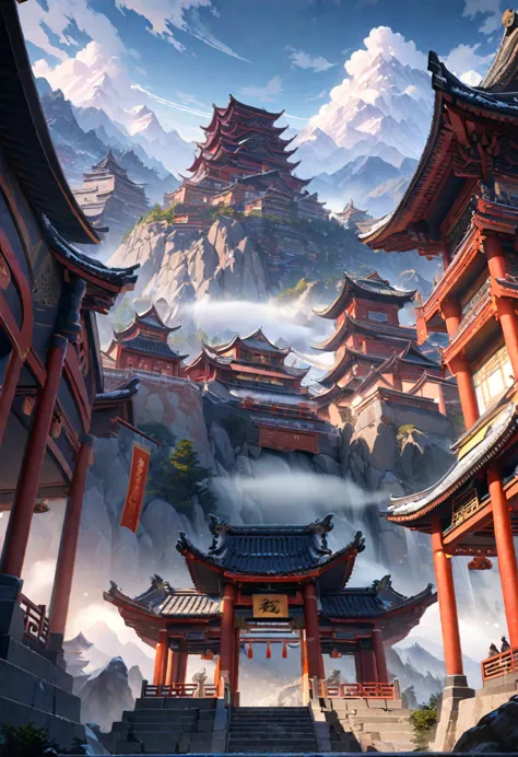 anime aestetics, anime landscape, view from the feet of the mountain, huge chinese sanctuary at the mountain, mountain covered i...