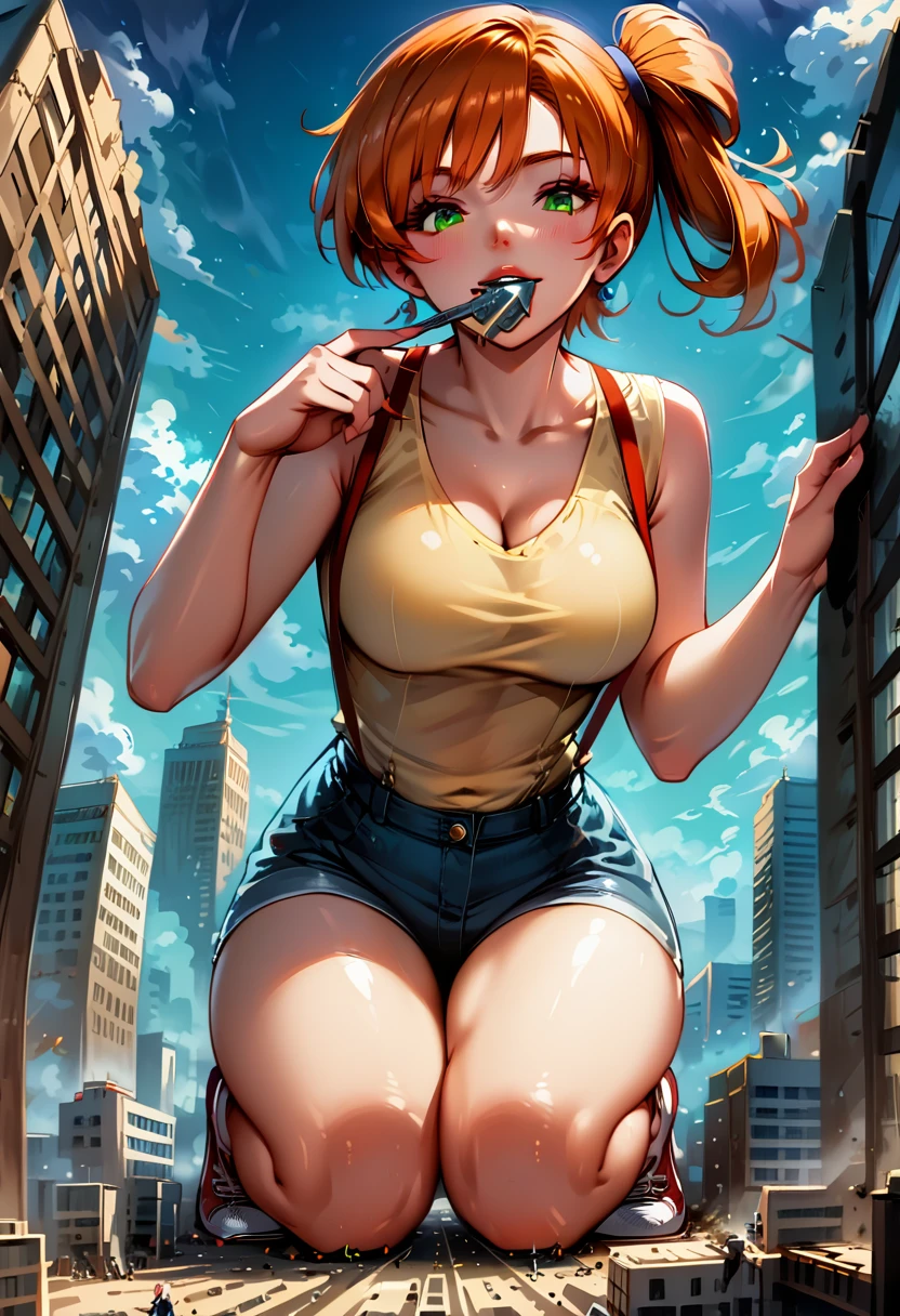 Dark Fantasy Art of score_9, score_8_up, score_7_up, rating_questionable, fantasy, lighting, epiCPhoto 1girl, mature woman, very sexy (Misty_Pokemon), (short hair, orange hair, one side up hair, green eyes, medium breasts, skinny), cleavage, (yellow t-shirt, tight sleeveless t-shirt, red suspenders:1.3), blue shorts, red sneakers, solo, cute, flirt, gaze, sexy look, half-closed eyes, head tilt, filled lips, thick lips, makeup, (in Washington D.C.:1.6), modelling shoot, kneeling, (object insertion, inserting Washington Monument in her mouth:1.5), stroking the Washington Monument with both hands, sexy pose, dark, moody, dark fantasy style, (daytime, sunny:1.2), (giant, giantess, taller than building:1.4), low angle.