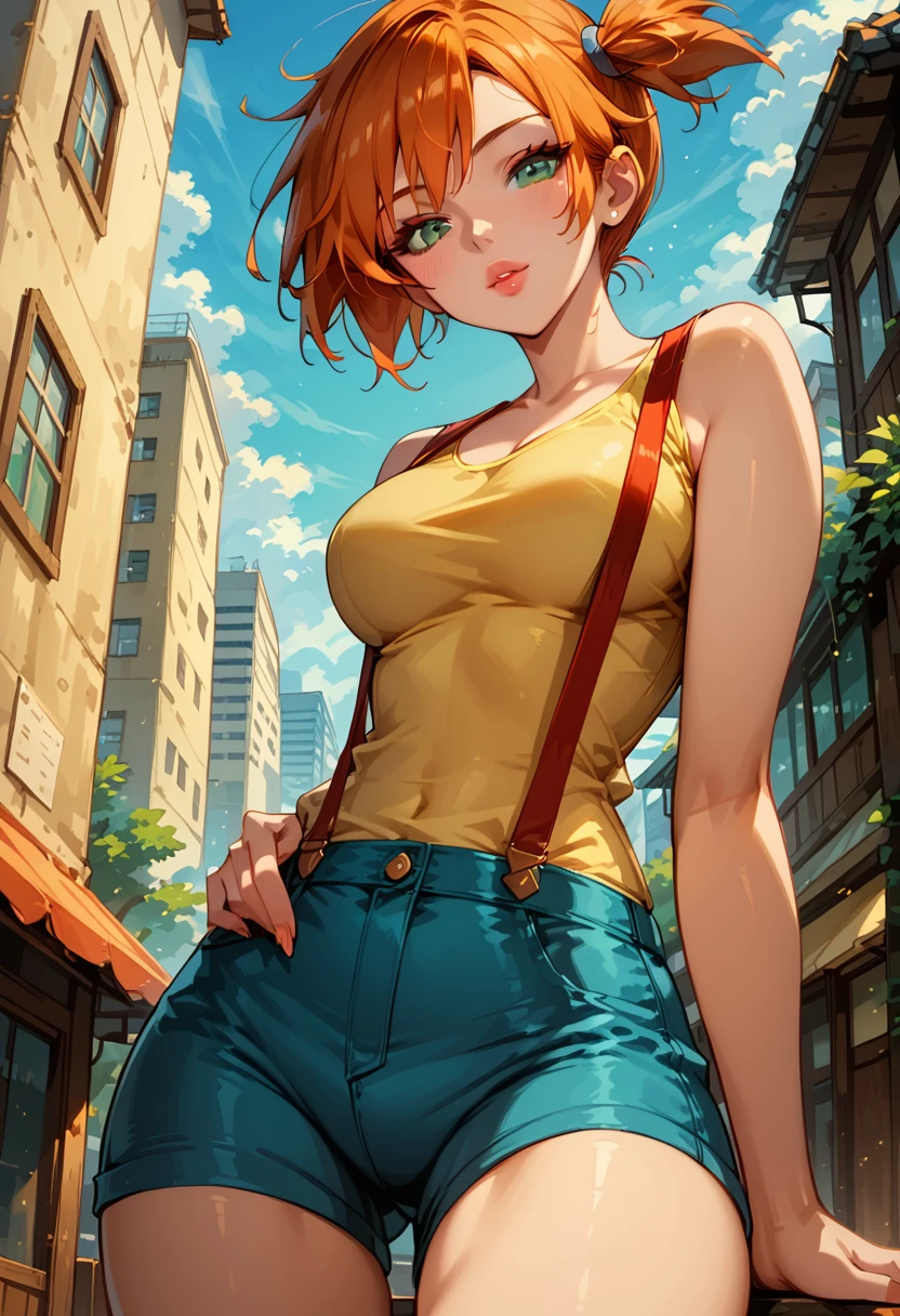 Dark Fantasy Art of score_9, score_8_up, score_7_up, rating_questionable, fantasy, lighting, epiCPhoto 1girl, mature woman, very sexy (Misty_Pokemon), (short hair, orange hair, one side up hair, green eyes, medium breasts, skinny), cleavage, (yellow t-shirt, tight sleeveless t-shirt, red suspenders:1.3), blue shorts, red sneakers, solo, cute, flirt, gaze, sexy look, half-closed eyes, head tilt, filled lips, thick lips, makeup, modelling shoot, sexy pose, streets of Tokyo, dark, moody, dark fantasy style, (daytime, sunny:1.2), building size, low angle.