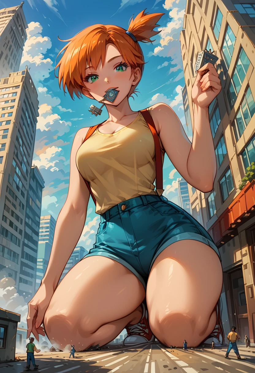 Dark Fantasy Art of score_9, score_8_up, score_7_up, rating_questionable, fantasy, lighting, epiCPhoto 1girl, mature woman, very sexy (Misty_Pokemon), (short hair, orange hair, one side up hair, green eyes, medium breasts, skinny), cleavage, (yellow t-shirt, tight sleeveless t-shirt, red suspenders:1.3), blue shorts, red sneakers, solo, cute, flirt, gaze, sexy look, half-closed eyes, head tilt, filled lips, thick lips, makeup, (in Washington D.C.:1.6), modelling shoot, kneeling, (object insertion, inserting Washington Monument in her mouth:1.5), stroking the Washington Monument with both hands, sexy pose, dark, moody, dark fantasy style, (daytime, sunny:1.2), (giant, giantess, taller than building:1.4), low angle.