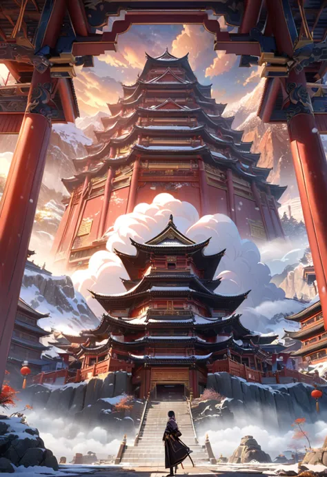 anime aestetics, anime landscape, view from the feet of the mountain, huge chinese sanctuary at the mountain, mountain covered i...