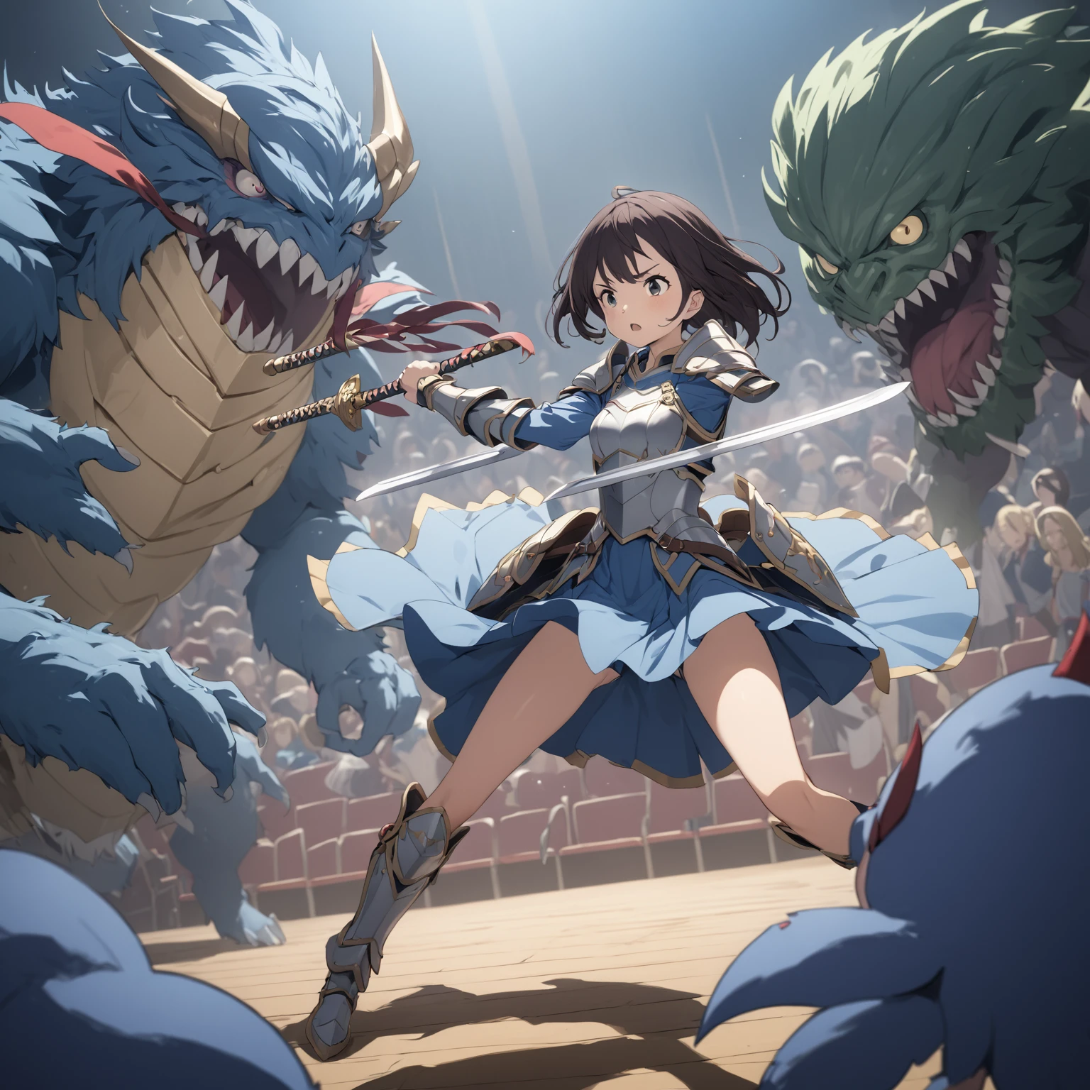 girl, high school student、armor, theater, Small breasts, Fight monsters, Holding a sword、Get Ready