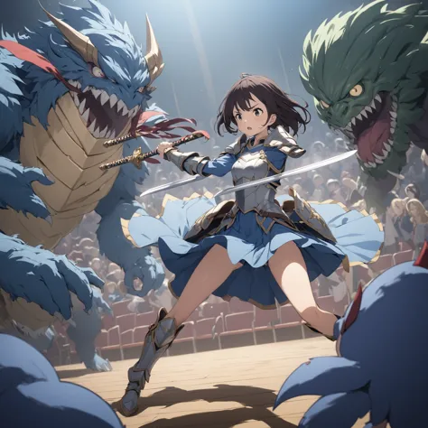 girl, high school student、armor, theater, small breasts, fight monsters, holding a sword、get ready