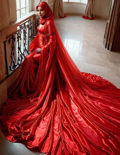 a woman shrouded in a 10-meter-long, plush red semi transparent satin shimmer cloth, tightly bound and grandly draping along the...