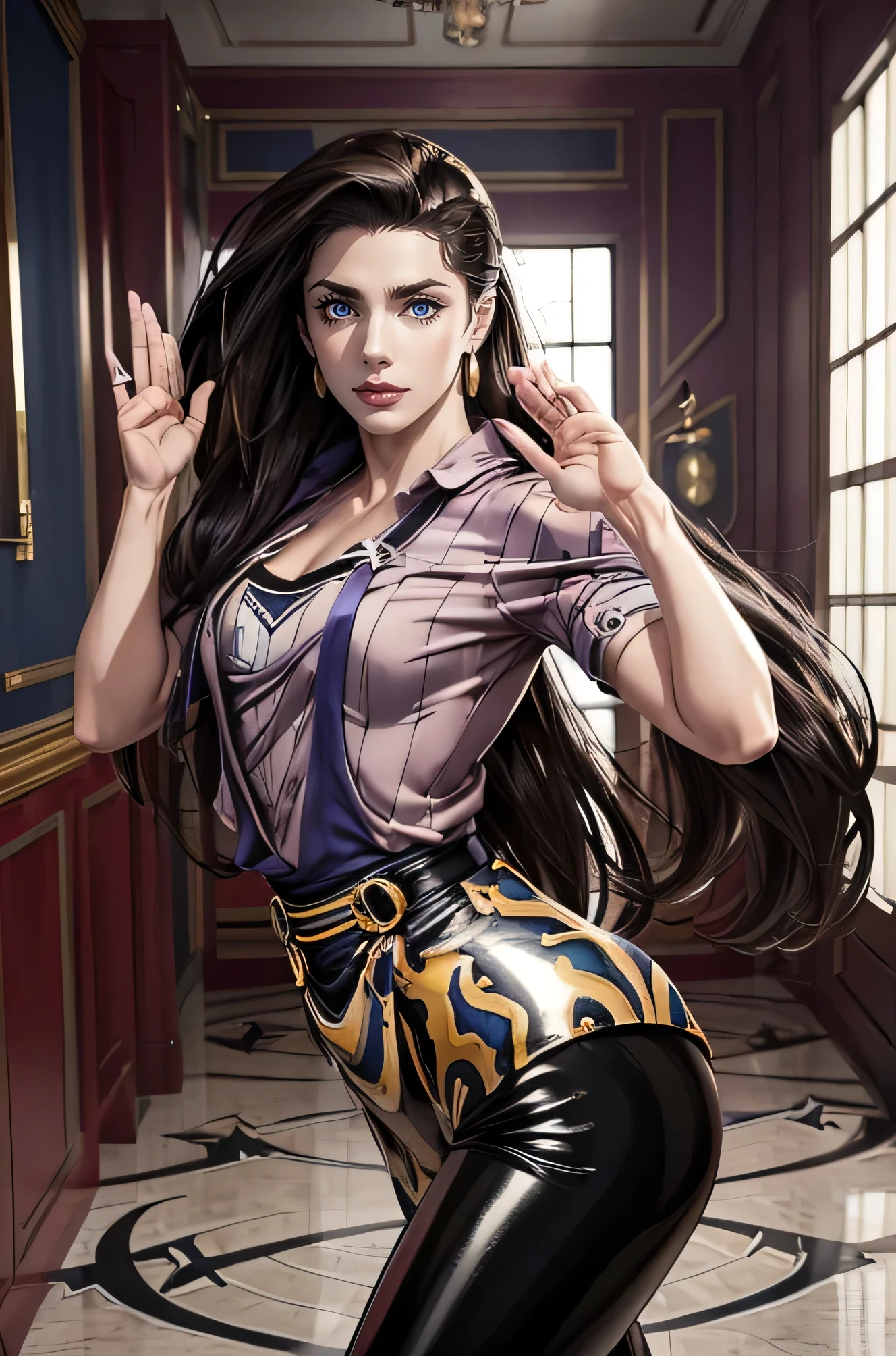 MASTERPIECE,
((jojo's bizarre adventure)),
(((ripple user))),
(((((Lisa Lisa:1.2))))),
(((The body is covered with ripples))),
Super beautiful like a model,
Jojo standing,
(((Jojo standing pose))),
(((dynamic pose:1.4))),
ripple attack,
rompts
Copy
Towards the front、The gaze is fixed on me、Portrait Photography、The lighting is clear, Indoor commercial back、 Characteristics of clothes、 ((snake pattern)), ((blazer)), ((flare pants)), ((The base color is white with a black pattern)), ((gloss)), ((short sleeves)), ((satin)), ((high waist)), ((formal fashion)), ,1 girl, solo, seductive look, elegance and charm, (masterpiece, best quality, high resolution), ((((((cowboy shot))))))
