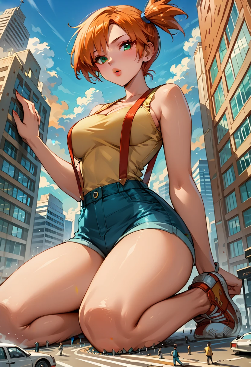 Dark Fantasy Art of score_9, score_8_up, score_7_up, rating_questionable, fantasy, lighting, epiCPhoto 1girl, mature woman, very sexy (Misty_Pokemon), (short hair, orange hair, one side up hair, green eyes, medium breasts, skinny), cleavage, (yellow t-shirt, tight sleeveless t-shirt, red suspenders:1.3), blue shorts, red sneakers, solo, cute, flirt, gaze, sexy look, half-closed eyes, head tilt, filled lips, thick lips, makeup, (in the city of Washington D.C.:1.6), modelling shoot, kneeling, (sucking the Washington Monument:1.5), stroking the Washington Monument with both hands, sexy pose, dark, moody, dark fantasy style, (daytime, sunny:1.2), (giant, giantess, taller than building:1.4), low angle.