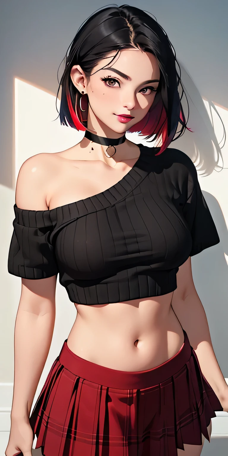 Big breasts,1adult girl, solo, expressive eyes ((black hair: 1.4, red tips, multicolored bob hair, choker)), double eyelids, light effect on eyes, brown eyes, adult woman, (red velvet sweater, crop top sweater, bra strap , short sleeves, red plaid skirt, pleated skirt, fishnet pantyhose) single bare shoulder, smiling, confident face, sfm, eyebrow piercing, ear piercing, navel, nagatiti, perky breasts , small breasts, ((Work of art, 16k, realistic, shadow and light on the skin)) makeup, dark lipstick, a park, tattoo on arms, open waist, (perfect symmetrical body)