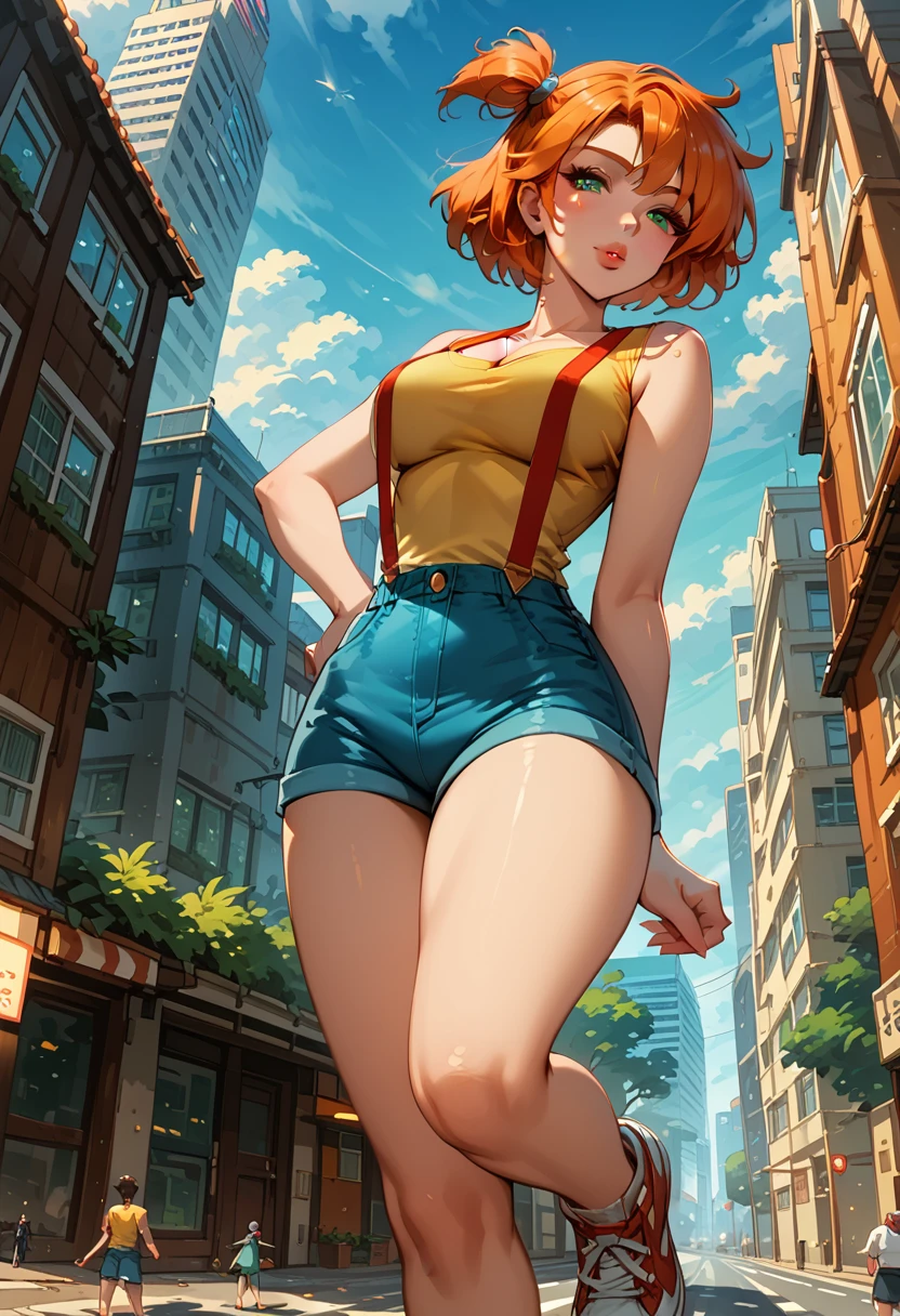 Dark Fantasy Art of score_9, score_8_up, score_7_up, rating_questionable, fantasy, lighting, epiCPhoto 1girl, mature woman, very sexy (Misty_Pokemon), (short hair, orange hair, one side up hair, green eyes, medium breasts, skinny), cleavage, (yellow t-shirt, tight sleeveless t-shirt, red suspenders:1.3), blue shorts, red sneakers, solo, cute, flirt, gaze, sexy look, half-closed eyes, head tilt, filled lips, thick lips, makeup, modelling shoot, sexy pose, streets of Tokyo, dark, moody, dark fantasy style, (daytime, sunny:1.2), (giant, giantess, taller than building:1.4), low angle.