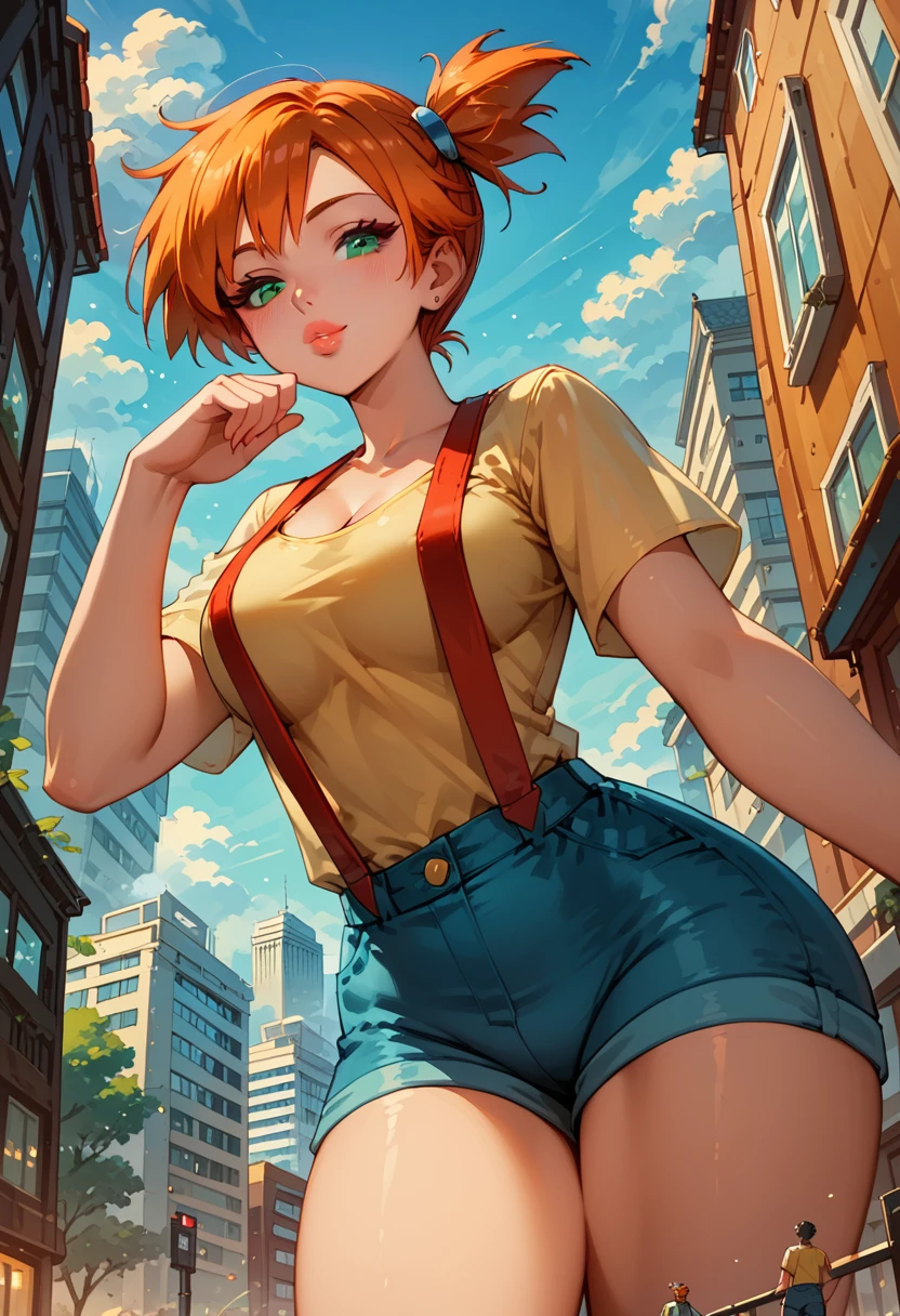 Dark Fantasy Art of score_9, score_8_up, score_7_up, rating_questionable, fantasy, lighting, epiCPhoto 1girl, mature woman, very sexy (Misty_Pokemon), (short hair, orange hair, one side up hair, green eyes, medium breasts, skinny), cleavage, (yellow t-shirt, tight sleeveless t-shirt, red suspenders:1.3), blue shorts, red sneakers, solo, cute, flirt, gaze, sexy look, half-closed eyes, head tilt, filled lips, thick lips, makeup, modelling shoot, sexy pose, streets of Tokyo, dark, moody, dark fantasy style, (daytime, sunny:1.2), (giant, giantess, taller than building:1.4), low angle.