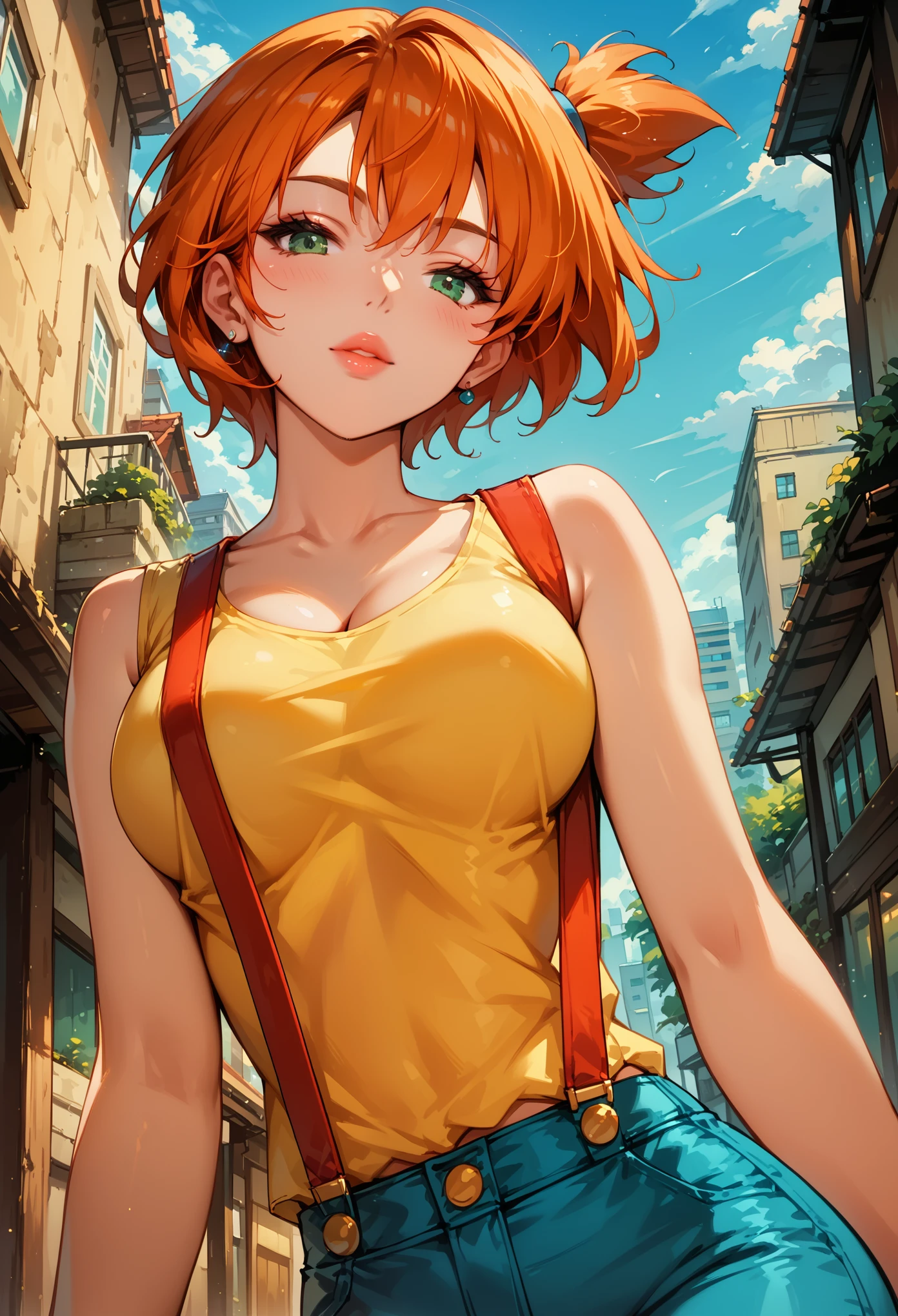 Dark Fantasy Art of score_9, score_8_up, score_7_up, rating_questionable, fantasy, lighting, epiCPhoto 1girl, mature woman, very sexy (Misty_Pokemon), (short hair, orange hair, one side up hair, green eyes, medium breasts, skinny), cleavage, (yellow t-shirt, tight sleeveless t-shirt, red suspenders:1.3), blue shorts, red sneakers, solo, cute, flirt, gaze, sexy look, half-closed eyes, head tilt, filled lips, thick lips, makeup, modelling shoot, sexy pose, streets of Tokyo, dark, moody, dark fantasy style, (daytime, sunny:1.2), building size, low angle.