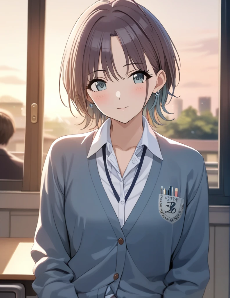 (masterpiece),(Highest quality),(Very detailed),(Best illustrations),(Best Shadow),(Absurd),(Detailed Background),(so beautiful), 4K, 32K,
Official Style,

 asakura_toru,

the idolmaster shiny colors,
chest,
blush,

school uniform, Cardigan,

alone,
Japan,
classroom,
evening,
Sunset,
Background Blur, 
focus on face,
cowboy shot,
realistic skin,