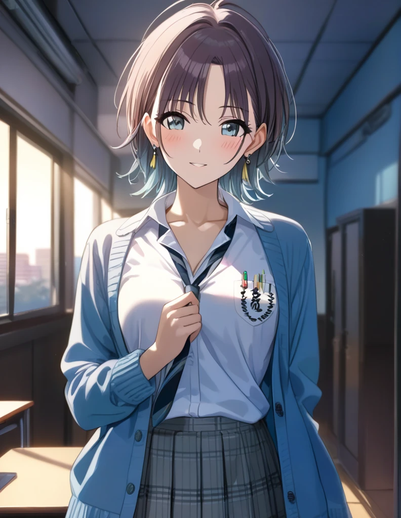 (masterpiece),(Highest quality),(Very detailed),(Best illustrations),(Best Shadow),(Absurd),(Detailed Background),(so beautiful), 4K, 32K,
Official Style,

 asakura_toru,

the idolmaster shiny colors,
chest,
blush,

school uniform, Cardigan,

alone,
Japan,
classroom,
evening,
Sunset,
Background Blur, 
focus on face,
cowboy shot,
realistic skin,