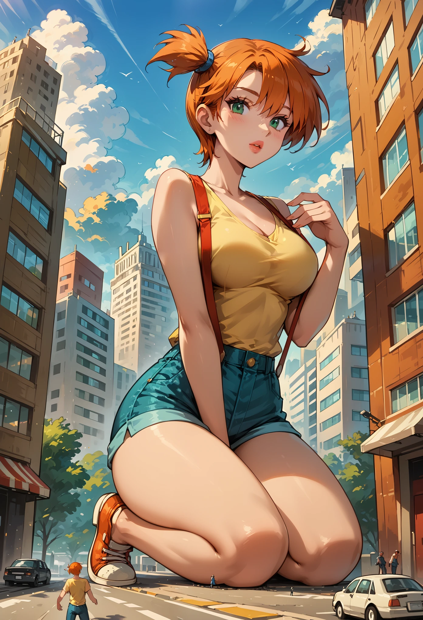 Dark Fantasy Art of score_9, score_8_up, score_7_up, rating_questionable, fantasy, lighting, epiCPhoto 1girl, mature woman, very sexy (Misty_Pokemon), (short hair, orange hair, one side up hair, green eyes, medium breasts, skinny), cleavage, (yellow t-shirt, tight sleeveless t-shirt, red suspenders:1.3), blue shorts, red sneakers, solo, cute, flirt, gaze, sexy look, half-closed eyes, head tilt, filled lips, thick lips, makeup, (in the city of Washington D.C.:1.6), modelling shoot, kneeling, (sucking the Washington Monument:1.5), stroking the Washington Monument with both hands, sexy pose, dark, moody, dark fantasy style, (daytime, sunny:1.2), (giant, giantess, taller than building:1.4), low angle.