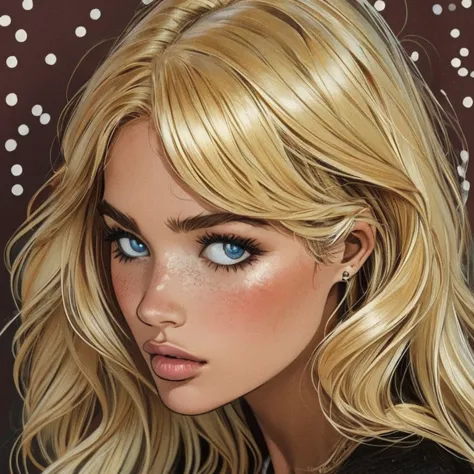 american pop art、blonde beauty、anime style、colorful、face seen from an angle、the background is dots, barbie doll adult style,diag...