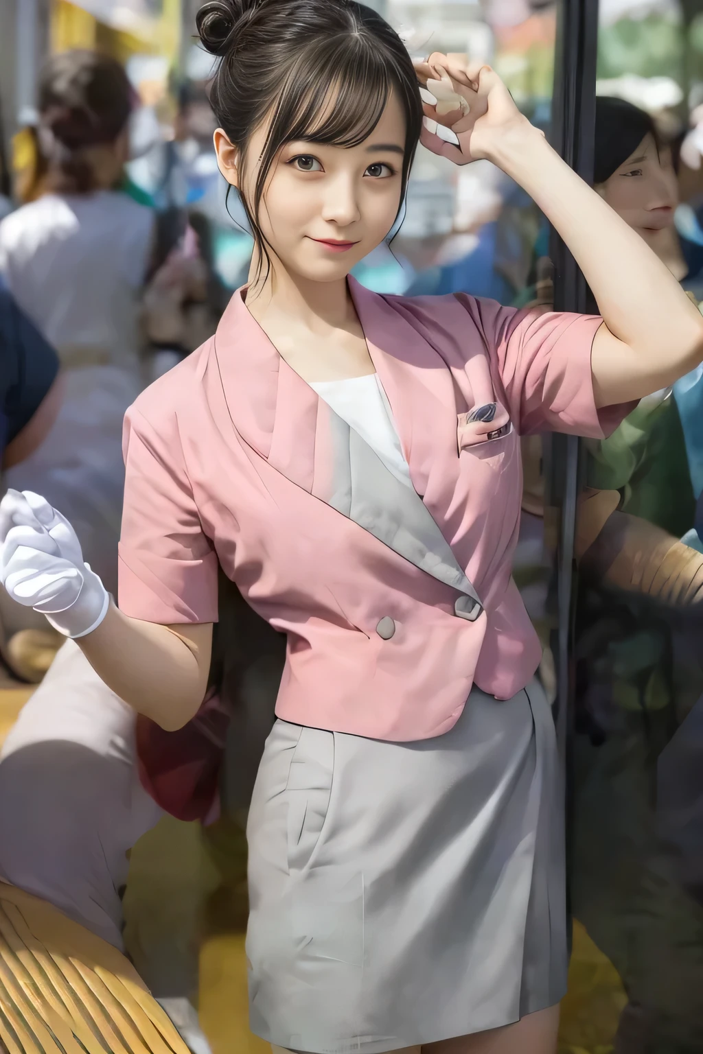 (masterpiece:1.2, Best Quality:1.2), 32K HDR, High resolution, (Alone、1 girl)、（On the roof of a building during the day、Professional Lighting）、Building rooftop background、（Nankai train crew uniform pinkを着たリアルスタイル）、（Nankai Railway crew uniform, pink, short sleeve, collarless, pink jacket、Nankai Railway crew uniform pink no-collar short-sleeve blouse、Nankai Railway crew uniform pink grey knee-length culottes）、（（The bottom of the pink short-sleeved jacket cannot be tucked into the clay-colored culottes..））、Dark brown hair、（Hair tied up、Hair Bun、Hair Bun）、Dark brown hair、Long Shot、Big Breasts、Thin legs、（（Great hands：2.0）），（（Harmonious body proportions：1.5）），（（Normal limbs：2.0）），（（Normal finger：2.0）），（（Delicate eyes：2.0）），（（Normal eyes：2.0））)、smile、（Nankai Railway crew uniform pink grey knee-length culottesを見せた美しい立ち姿） 