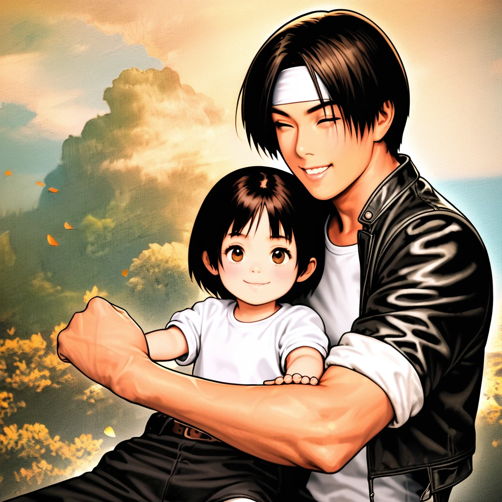 A young, cartoonish, cheerful, black hair, short cut, eyes closed and smiling, mouth open, ((black leather jacket with rolled up sleeves)), fingerless gloves, white T-shirt, ((white headband)), black long pants, white shoes, brown belt) is wearing (holding a cute daughter:1.5) on clothes,(you can see men's hand:1.5), park, many petals dancing in the air, colorful flowers blooming, beautiful blue sky, beautiful clouds, breaking ,quality picture(8k,very detailed cg unit wallpaper, masterpiece,high resolution,top-quality,top-quality real texture skin, hyper real increase itic,increase resolution,RAW photo,top quality,very detailed,wallpaper,film lighting,ray trace,golden ratio)、[nsfw],dynamic angles,[nsfw],from below