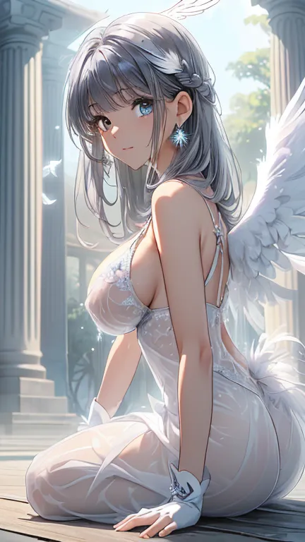 (the background is white bird feathers fluttering:1.9).(the background is a dazzling temple:1.9).(dazzling pillar of light:1.9)....