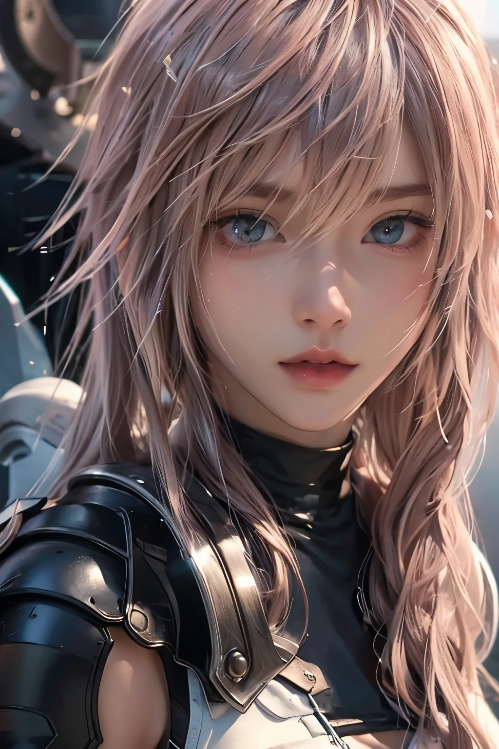 Best quality, High resolution, High detail, Lightning, Final Fantasy 13, Looking at the viewers, Close up, White and cream armor, red cloak, 