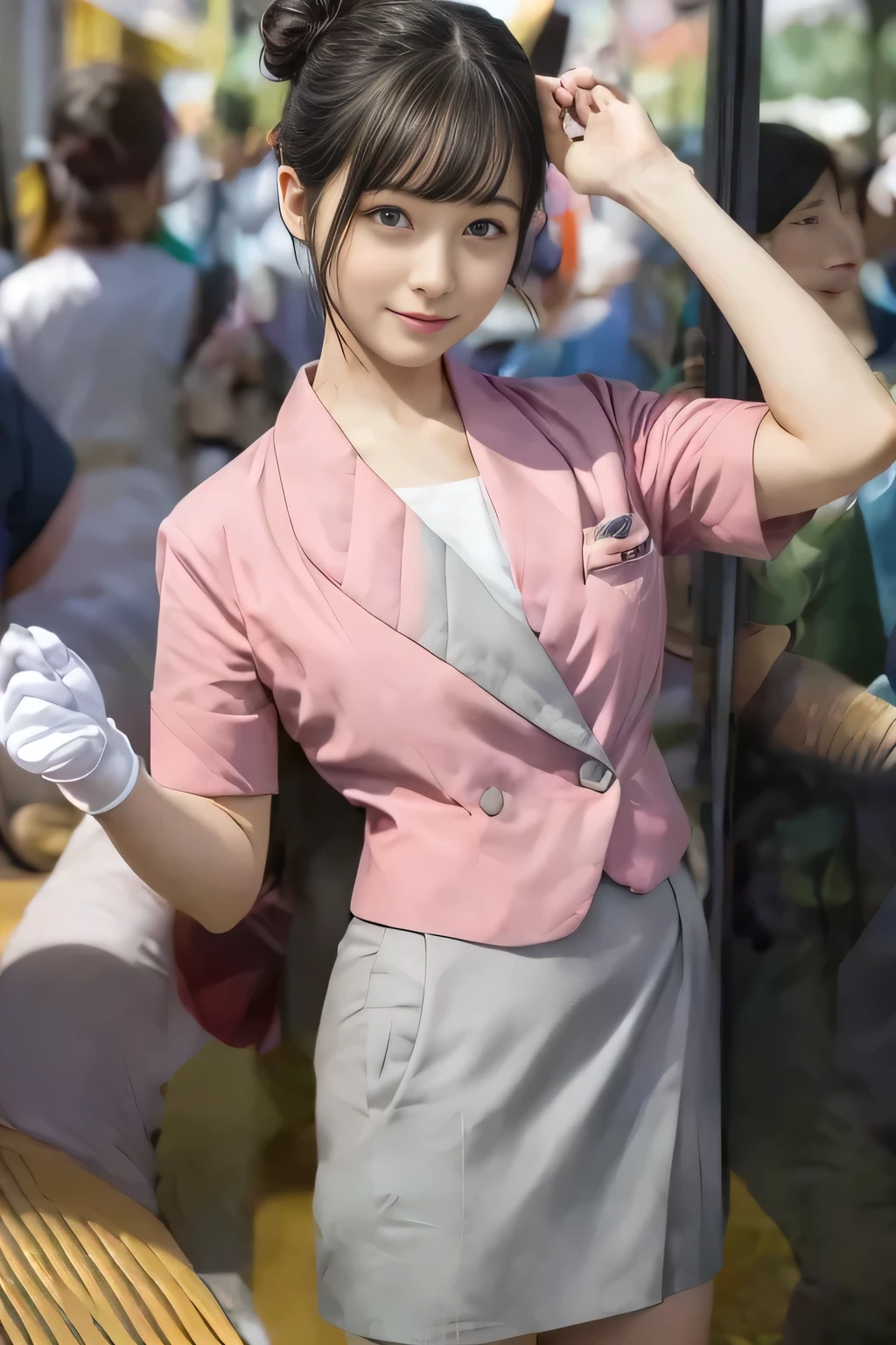 (masterpiece:1.2, Best Quality:1.2), 32K HDR, High resolution, (Alone、1 girl)、（On the roof of a building during the day、Professional Lighting）、Building rooftop background、（Nankai train crew uniform pinkを着たリアルスタイル）、（Nankai Railway crew uniform, pink, short sleeve, collarless, pink jacket、Nankai Railway crew uniform pink no-collar short-sleeve blouse、Nankai Railway crew uniform pink grey knee-length culottes）、（（The bottom of the pink short-sleeved jacket cannot be tucked into the clay-colored culottes..））、Dark brown hair、（Hair tied up、Hair Bun、Hair Bun）、Dark brown hair、Long Shot、Big Breasts、Thin legs、（（Great hands：2.0）），（（Harmonious body proportions：1.5）），（（Normal limbs：2.0）），（（Normal finger：2.0）），（（Delicate eyes：2.0）），（（Normal eyes：2.0））)、smile、（Nankai Railway crew uniform pink grey knee-length culottesを見せた美しい立ち姿） 