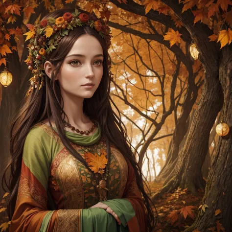 painting of a woman with a tree head and leaves on her head, goddess of autumn, autumnal empress, beautiful autumn spirit, art o...