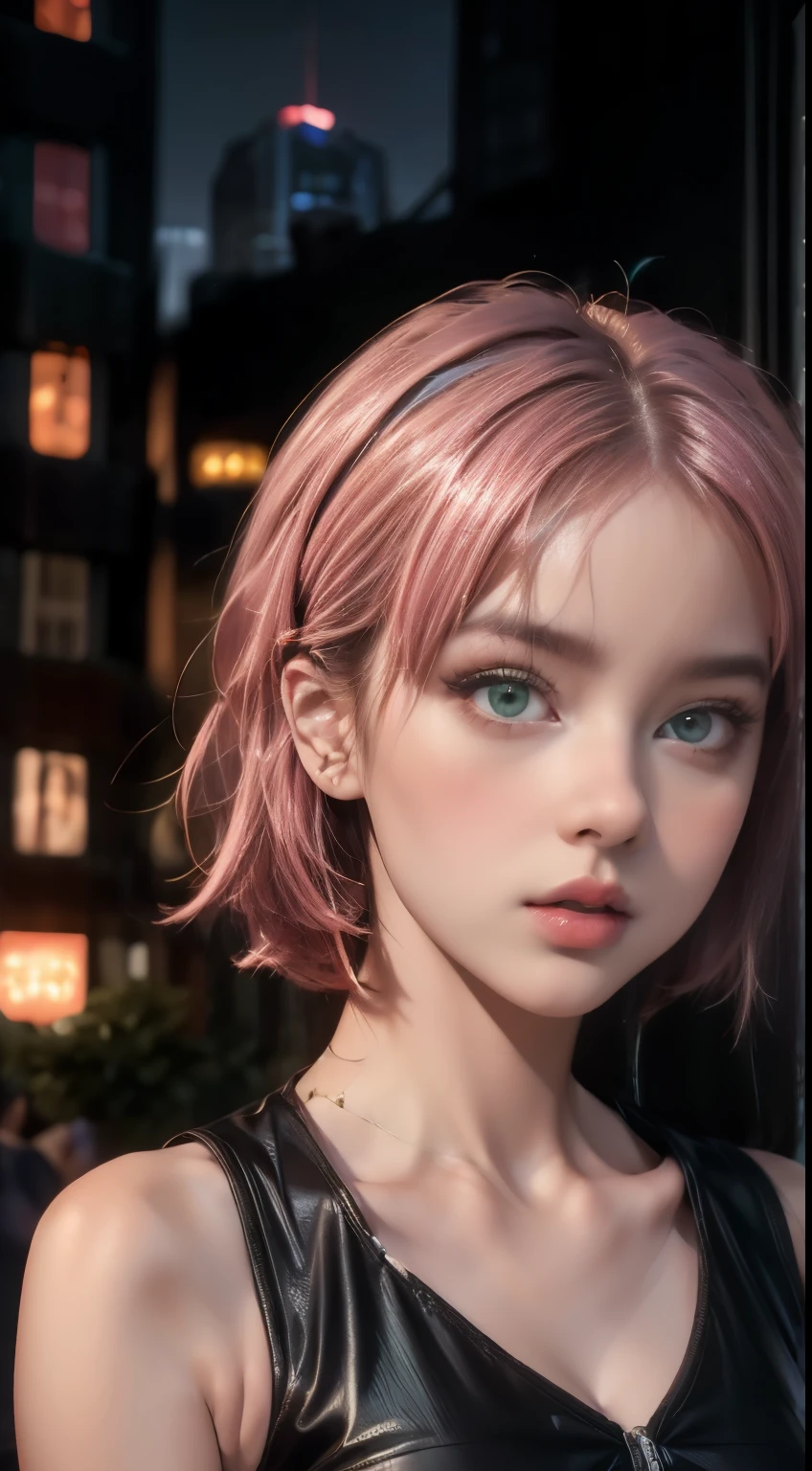 Young woman, porcelain skin, short pink hair, heart-shaped face, wide forehead, thin pink eyebrows, big jade green eyes, long eyelashes, buttoned nose, peach lips, black leather dress, Sakura Haruno, 3d, realistic, realism, high focus, details, futuristic city, future, buildings, night