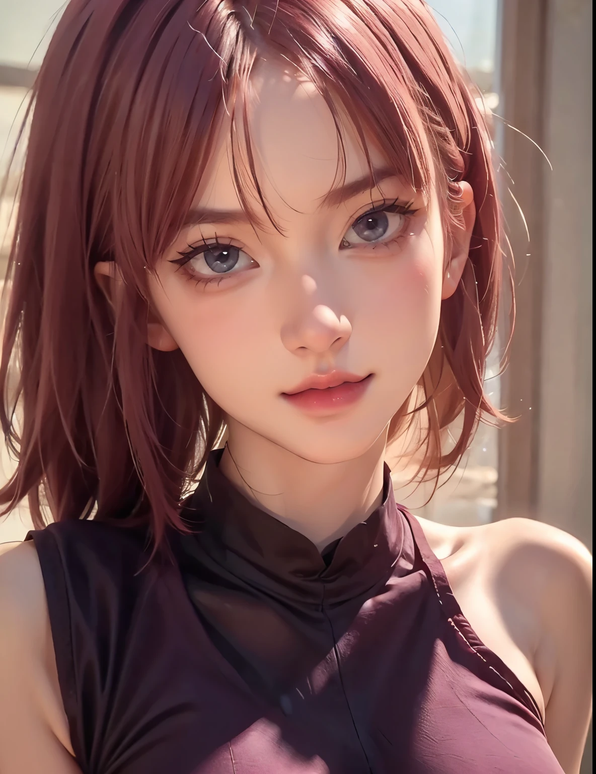 young woman, short shoulder-length pink hair, wide forehead, porcelain skin, pink eyebrows, big emerald green eyes, buttoned nose, full lips, heart-shaped face, slender body, small breasts, maroon tank top, Sakura Haruno , realistic, Realism, details, 3d, well detailed.