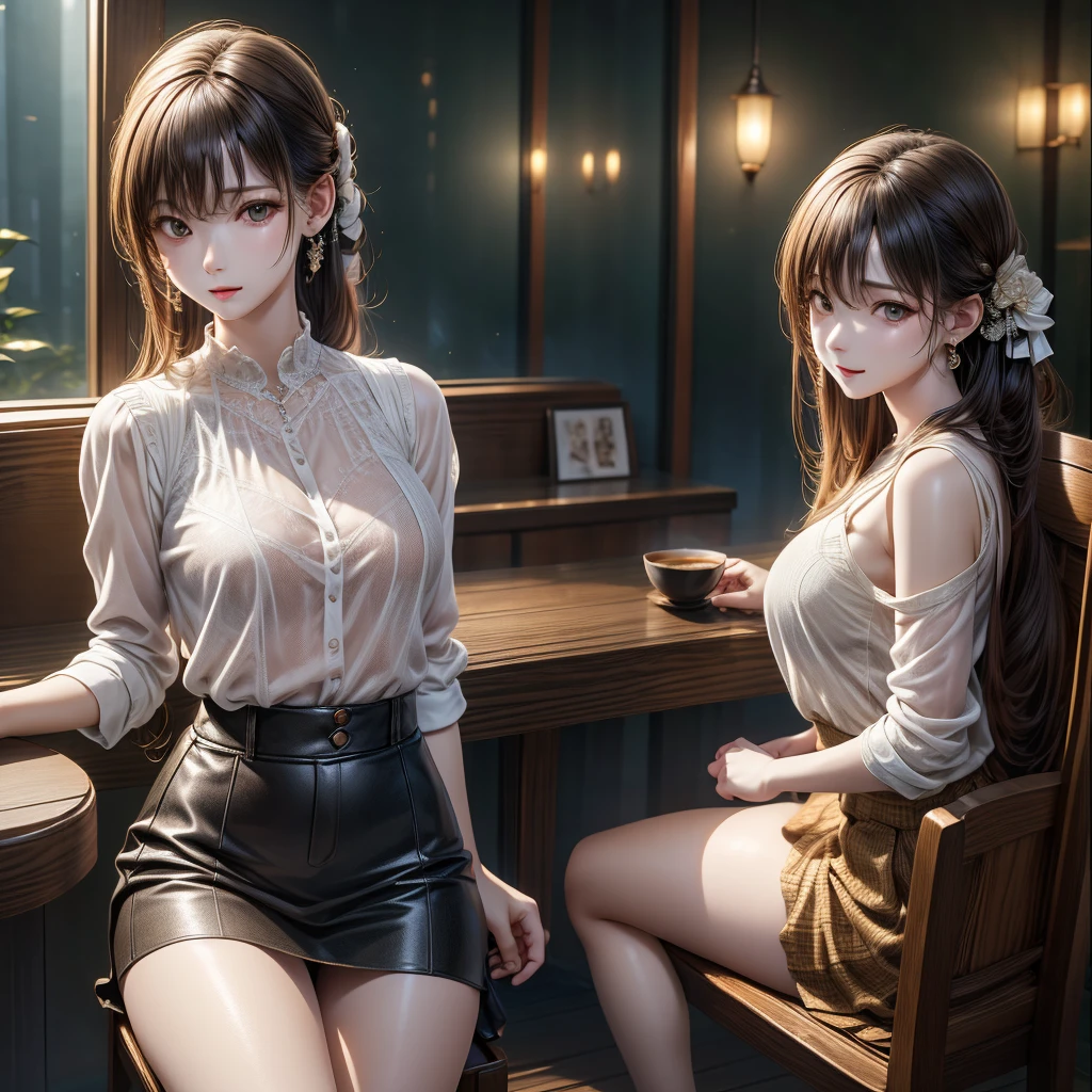 8K quality、High definition、Realistic skin texture、High definitionの瞳、Man sitting、A female cafe owner seduces a male customer、Brown long hair、、Ring piercing of the earlobe、Neat blouse、Neat skirt、Beautiful legs、Beautiful thighs、Dignified face、slender、Model Body Type、Ripe body、Neat 30 year old woman、Flip-up skirt、Bare buttocks、Exposed genitals