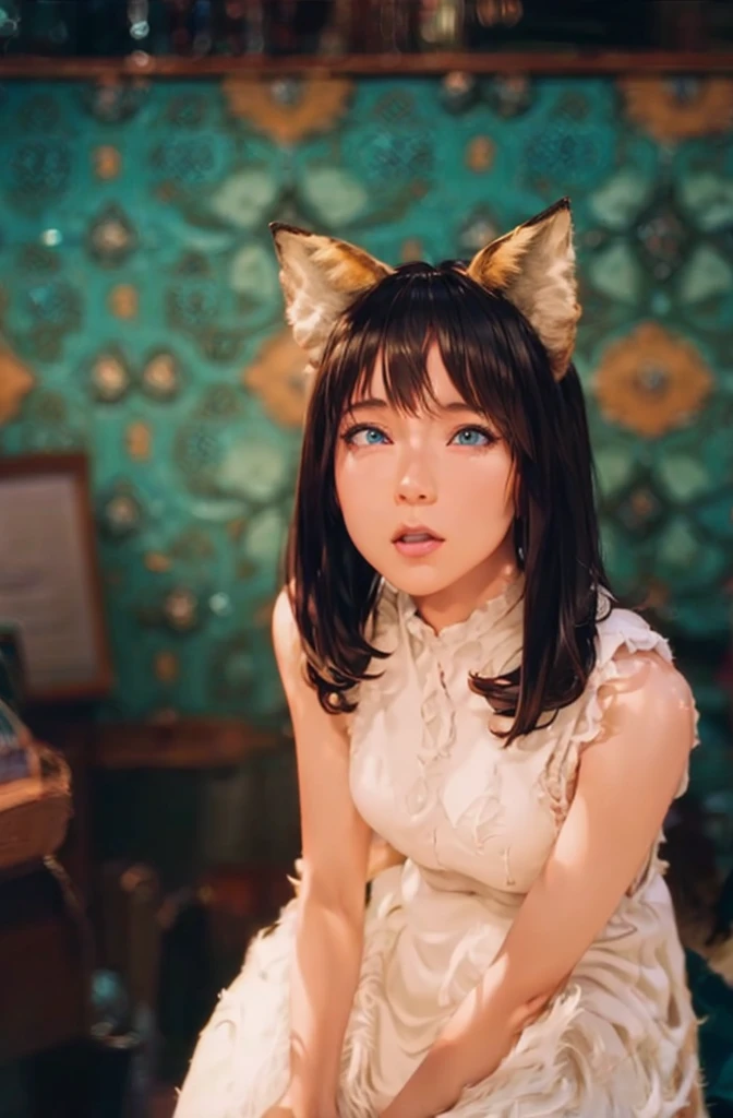 beautiful detailed girl, 1girl, fox ears, fox tail, white sleeveless dress, detailed face, beautiful eyes, long eyelashes, detailed hair, intricate details, fantasy, digital art, concept art, highly detailed, photorealistic, 8k, cinematic lighting, vibrant colors, warm color palette, magical, mystical, elegant, beautiful