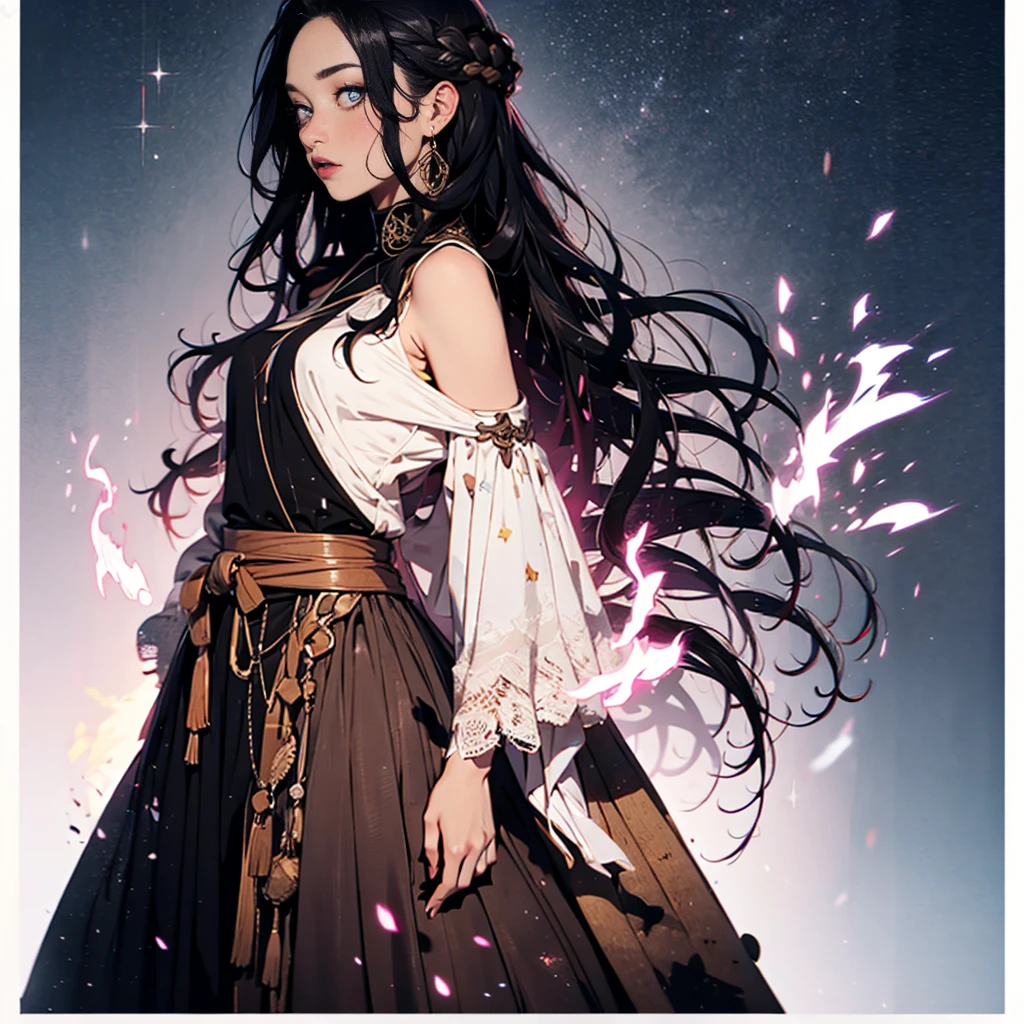 ((1girl, solo, alone, black hair, blue eyes, hair ornament, small breasts, long hair, fitness)), ((solo, (1woman, pink lipstick), Extremely detailed, ambient soft lighting, 4k, perfect eyes, a perfect face, perfect lighting, a 1girl)), (( mage, black robes, exposed legs, magical robes )) Fantasy rpg inspiration, full body, Reference Sheet, Character Sheet Full-Length, Character Chart, 