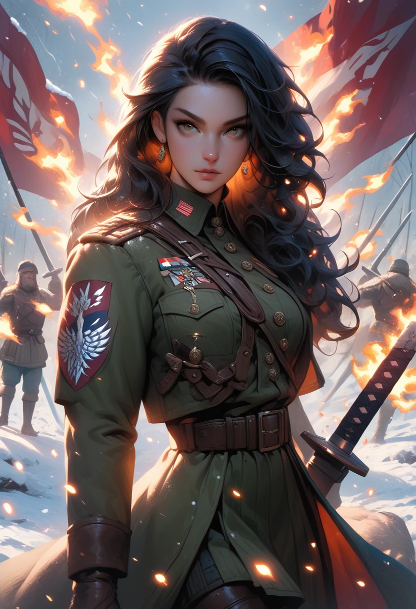 intensely focused Viking woman warrior with curly hair hurling a burning meteorite from her hand towards the viewer, the glowing sphere leaves the woman's body getting closer to the viewer leaving a trail of smoke and sparks, intense battlegrounds in snowy conditions, army banners, swords and shields on the ground 