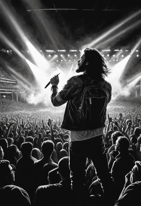 charcoal pencil drawing, black and white, work of art, create a digital painting, 4k, the highest quality, rock concert audience